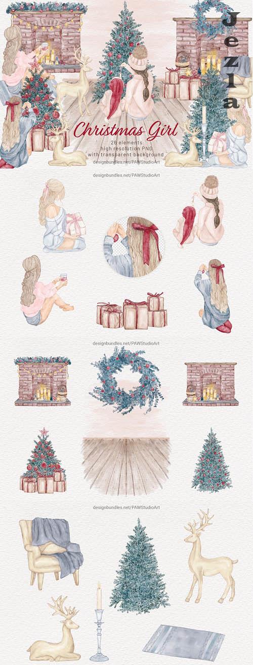 Christmas Girls Watercolor Clipart Winter Holidays New Year - 1644373