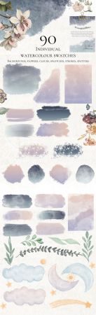 90 Watercolor Swatches Pack   Hi Res Watercolor Paint Wash