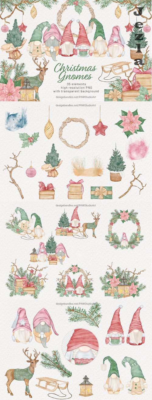 Christmas Gnomes Watercolour Clipart Winter Xmas Tree - 1649924