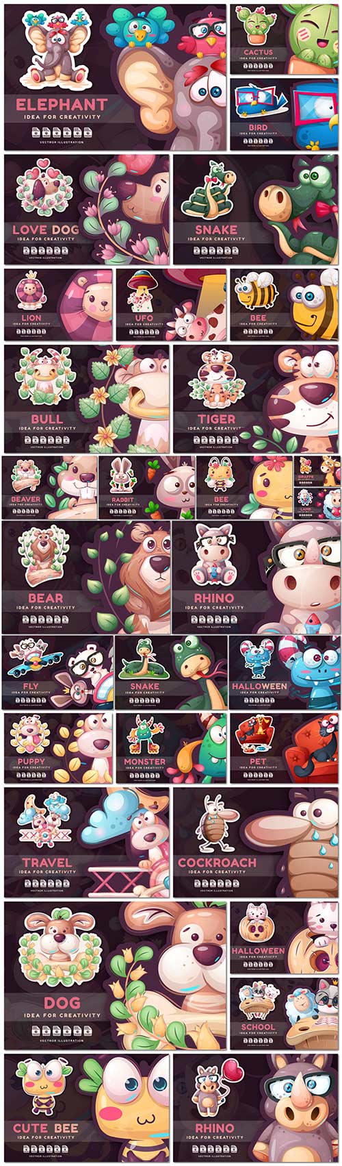 Cartoon Stickers Set Character Animals