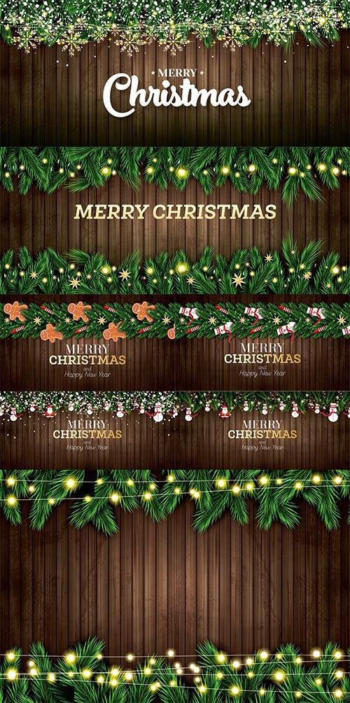 Christmas vector backgrounds with fir branches, toys, snowflakes and garlands