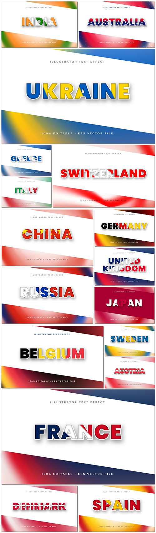 Text effect different countries of the world in vector