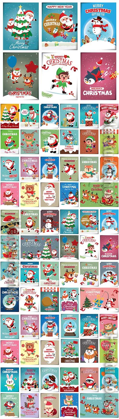Christmas vintage poster design with vector snowman reindeer penguin santa claus premium vector Christmas vintage poster design with vector snowman reindeer penguin santa claus premium vector