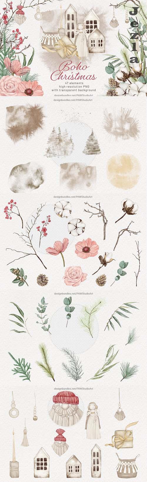 Christmas Boho Watercolour Clipart Winter Flowers Leaves - 1681783
