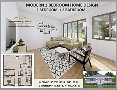 2 Bedroom 2 Bathroom Modern Small home Plan - Plans in Metric & Feet and Inches full architectural set of concept plans Design
