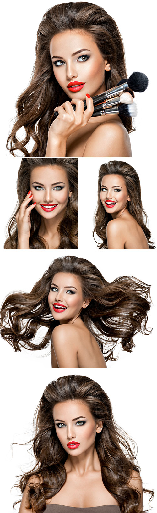 Luxury girl model with red lips and makeup brushes