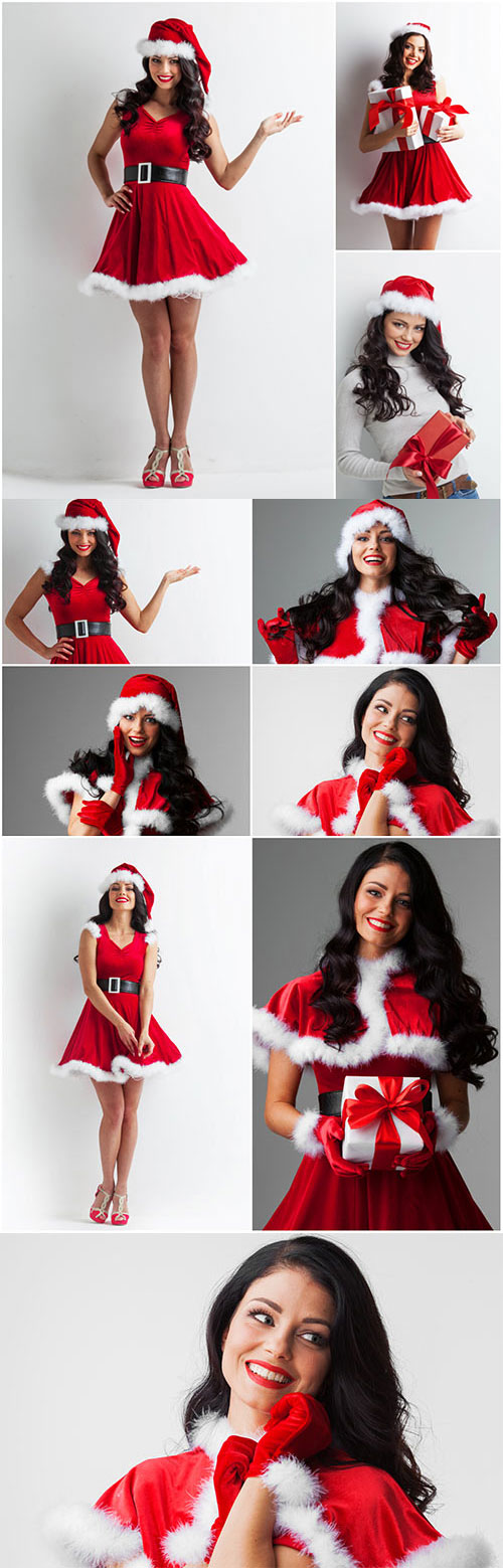 New year santa costume, girl dressed as santa stock photo