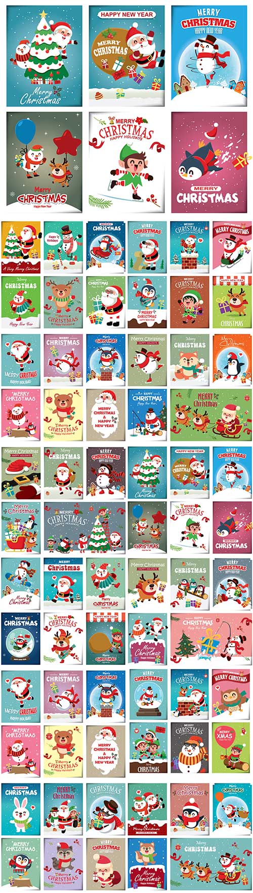 Christmas vintage poster design with vector snowman reindeer penguin santa claus premium vector