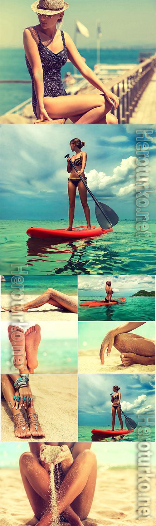 Sea sun sand and girls stock photo Sea sun sand and girls stock photo