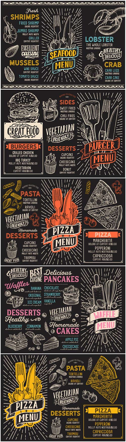 Pizza, desserts and seafood, menu in vintage style in vector