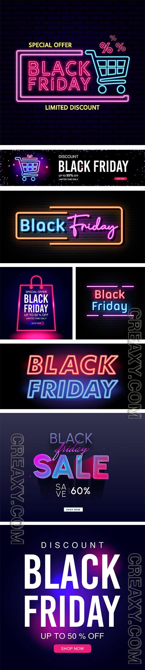 Black friday neon signs vector design template premium vector