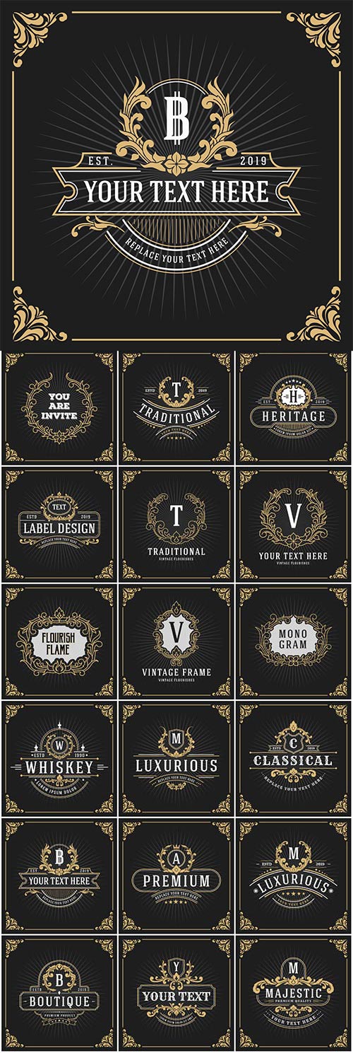 Vintage logo, luxury vector monogram, banner template design