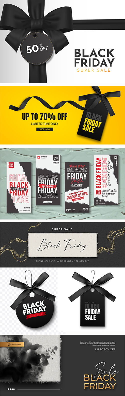 Black friday sale banner with vector realistic 3d objects