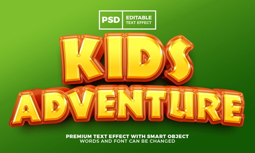 Kids adventure cartoon game 3d editable text effect premium psd