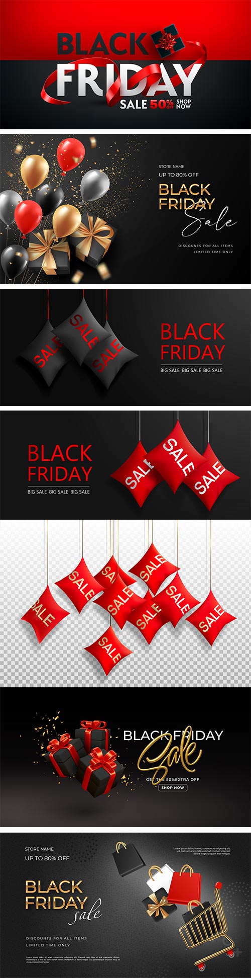 Black friday sale banner background with realistic 3d objects