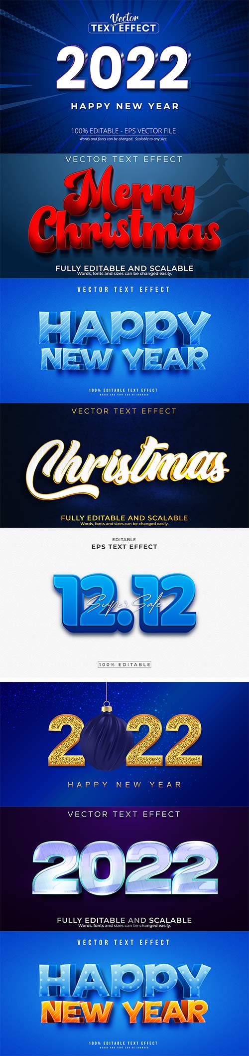 2022 New year and christmas editable text effect vector vol 33