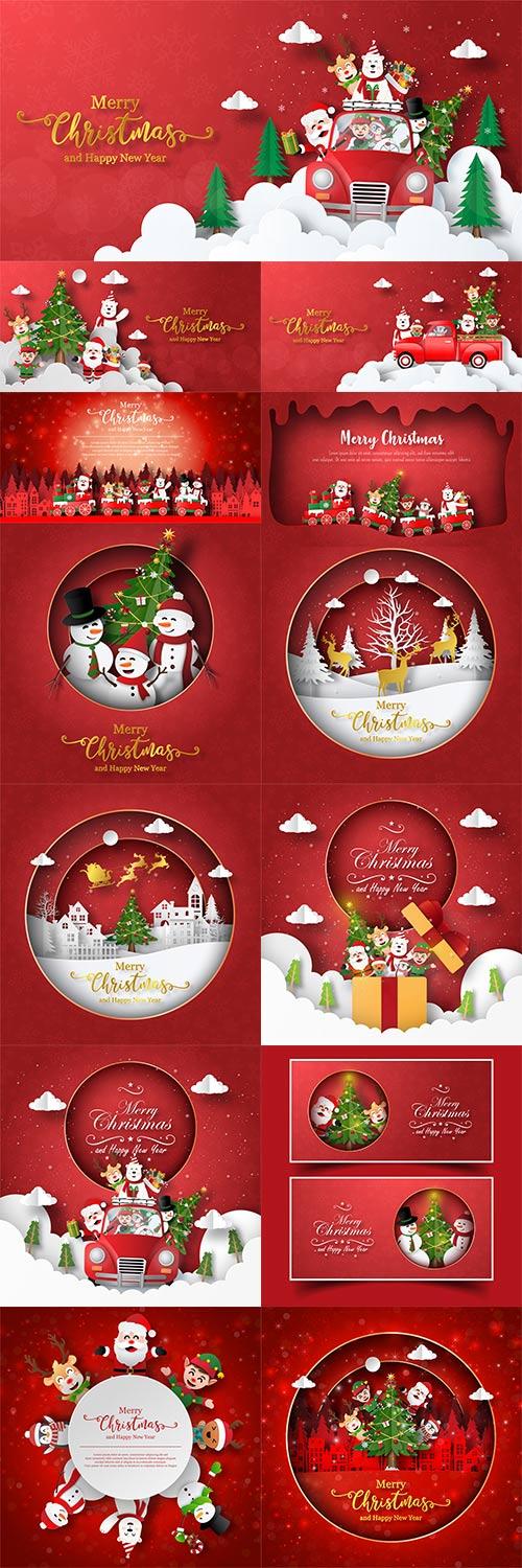 New Year festive vector backgrounds with snowmen, tree and toys