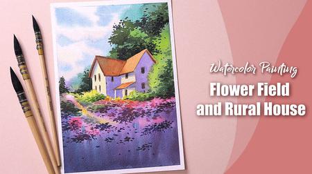 Watercolor Painting Technique - Learn to paint Beautiful Flower field landscape step by step