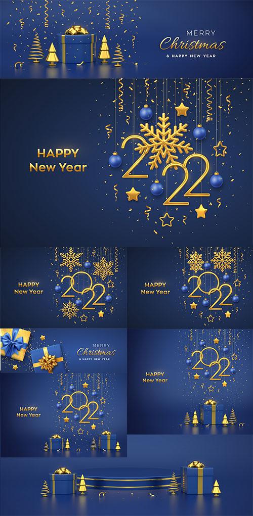 Vector backgrounds for congratulations with tinsel, snowflakes, tree and gifts 2022