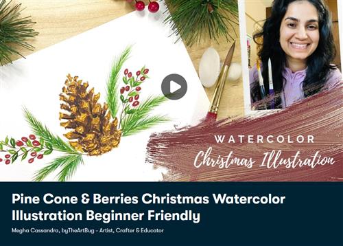 Pine Cone & Berries Christmas Watercolor Illustration Beginner Friendly!