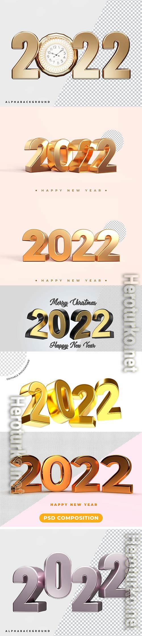 Psd Happy new year 2022 gold 3d rendering isolated on transparent background