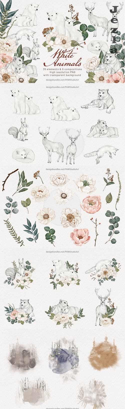 Wild Animals Watercolor Clipart Flowers Leaves - 1727290