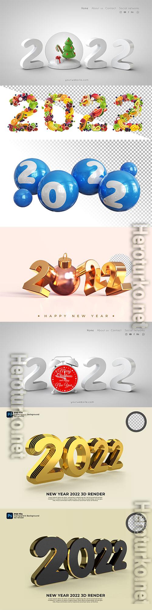 Happy new year 2022 3d rendering isolated on transparent background with psd