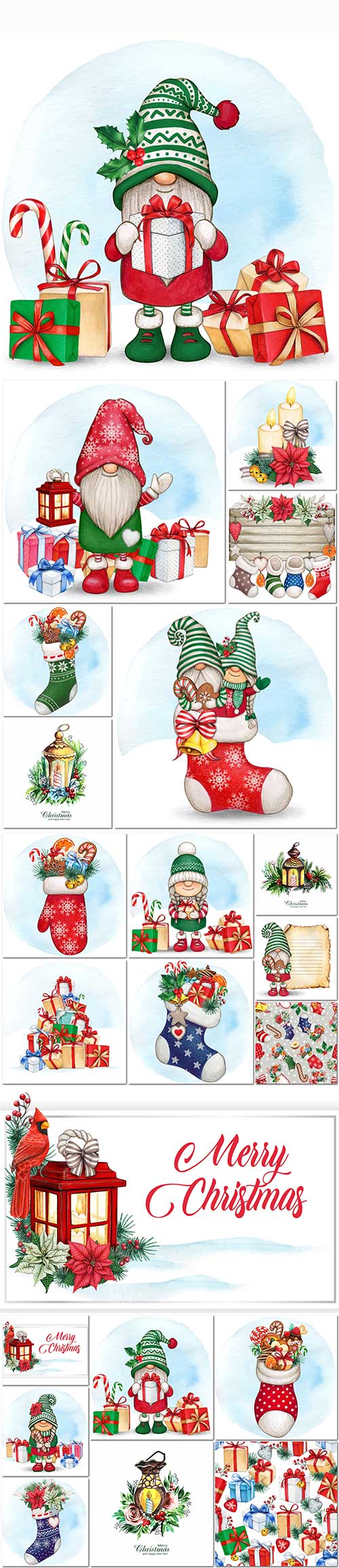 Watercolor hand drawn santa with holiday decorations and elements in vector