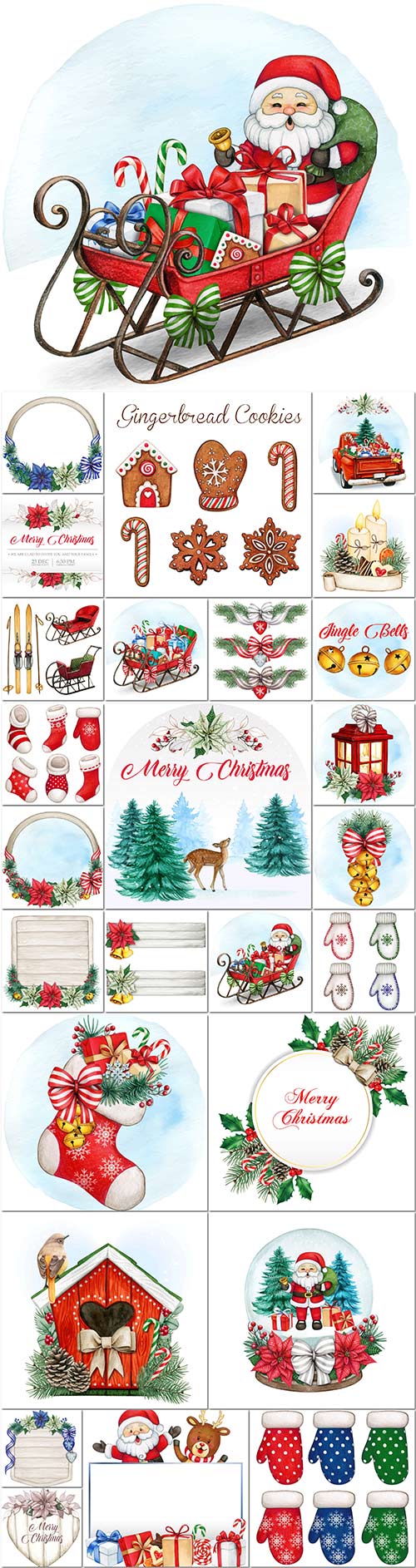 Santa claus and christmas decorations, new year elements in vector