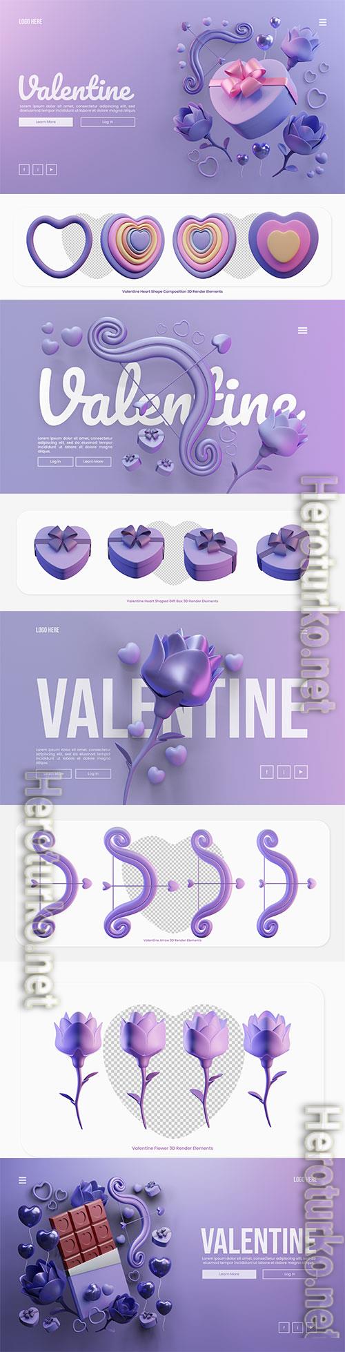 Valentine landing page template with heart shaped gift box 3d rendering illustration psd