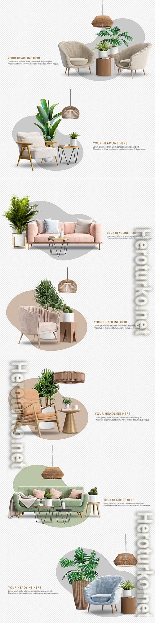 Set of interior furniture in 3d rendering psd Set of interior furniture in 3d rendering psd