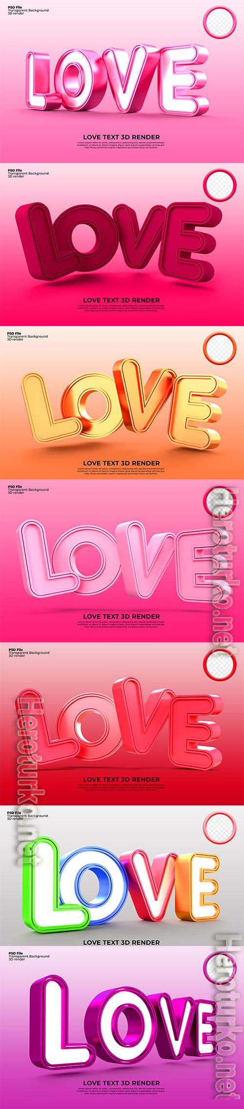 Letter love 3d render for valentine day psd
