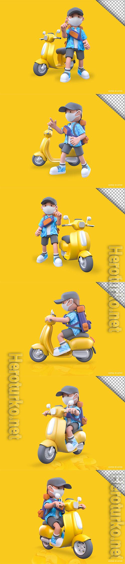 Boy ready to travel 3d rendering illustration Psd Boy ready to travel 3d rendering illustration Psd