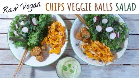 Raw Vegan Chips Balls Salad + Nut Dip – Gluten Free – Challenge Yourself