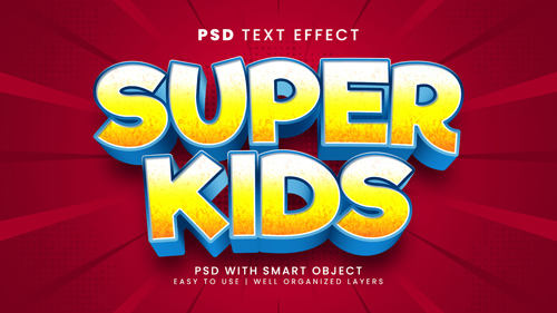 Super kids editable text effect with cartoon superhero and funny text style psd