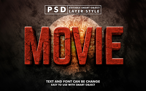 Movie 3d text effect with stone texture editable text effect premium psd with smart object