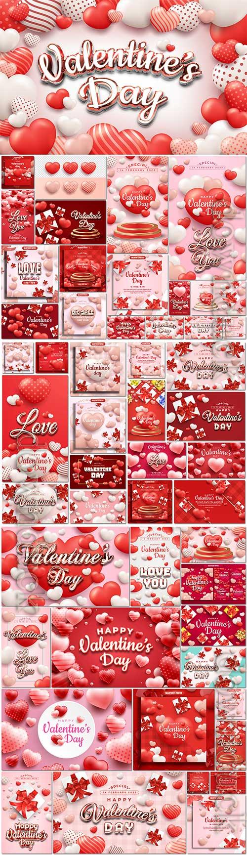 Romantic valentines day vector sett with gift box and realistic hearts Romantic valentines day vector sett with gift box and realistic hearts