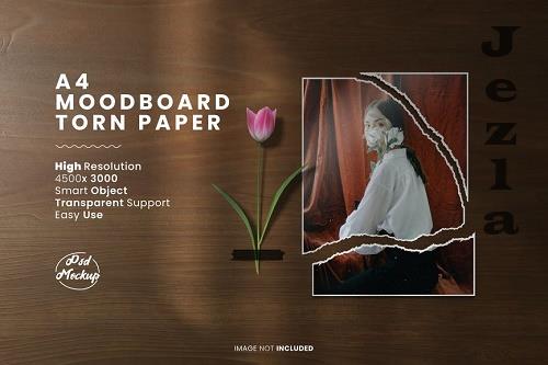 Moodboard paper torn with rose psd mockup