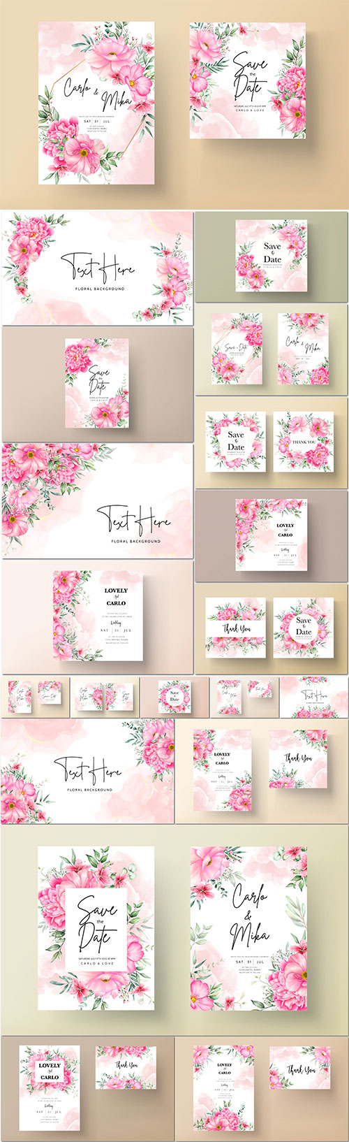 Romantic flower wedding invitation card template with hand drawing floral vector
