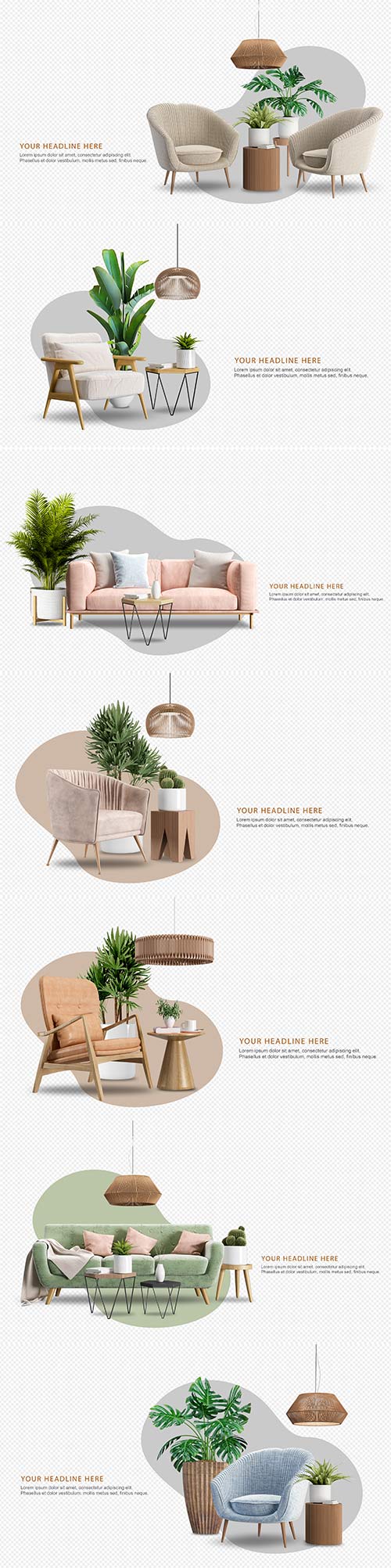 Set of interior furniture in 3d rendering psd