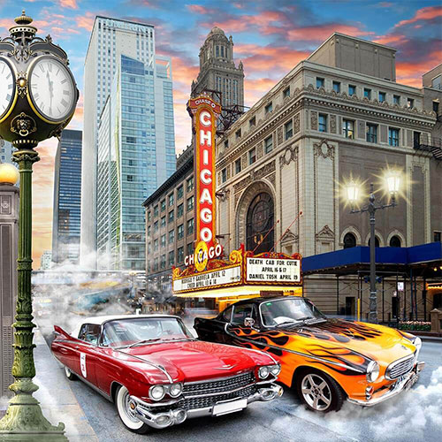 3D texture Chicago and luxury retro cars