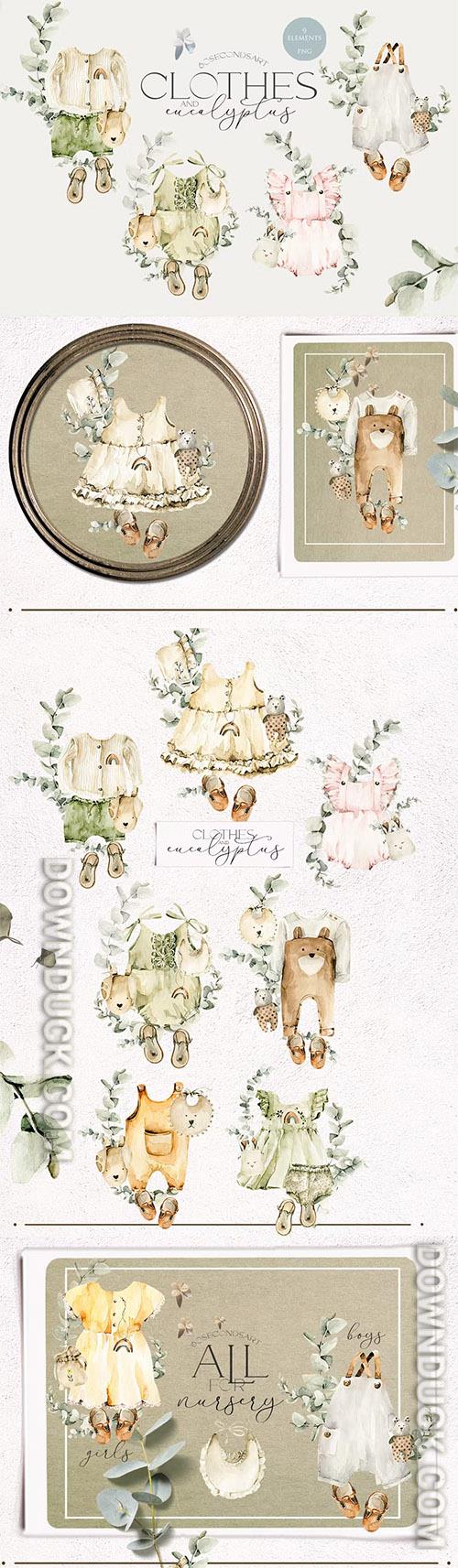 Watercolor baby clipart Girl boy dress Eucalyptus 