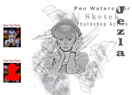 Pen Watercolor Sketch PS Action - 7075440